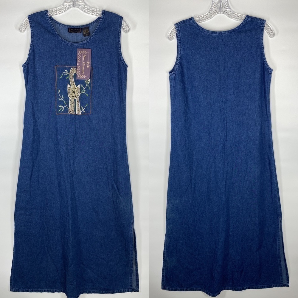 Vintage New Directions Feline Cat Denim Maxi Sleeveless Dress Size Medium NWT